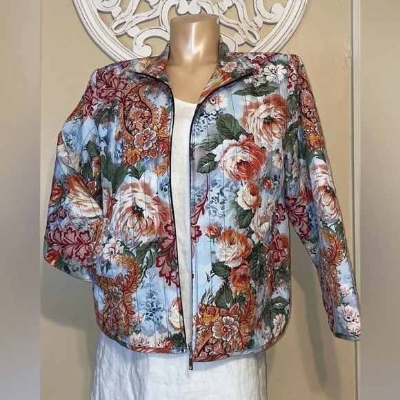 Allison Daley womens jacket coat medium petite quilted light floral pattern blue - Picture 1 of 8